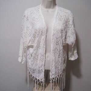 Blu Planet Boho White Crochet Fringe Kimono Vest Women's Size Large Cotton Nylon